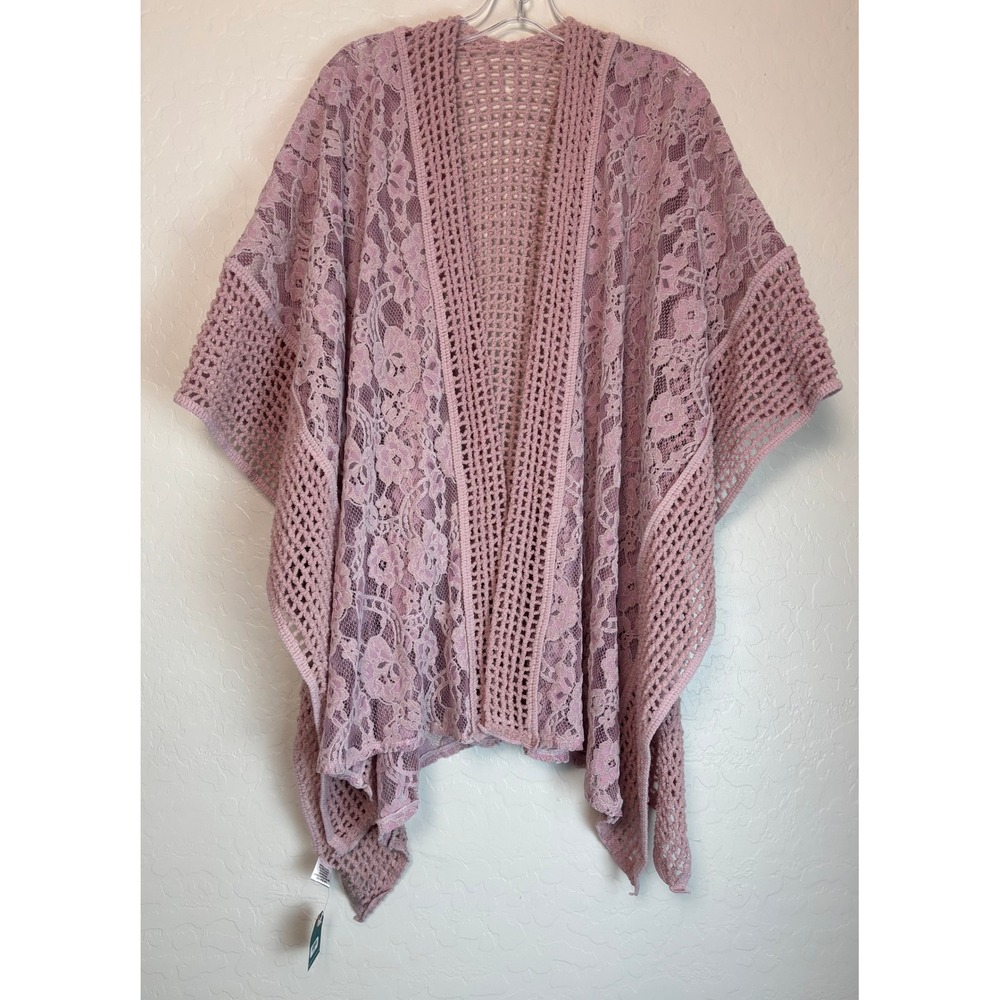 Earthbound Trading Co Crochet Lace Shawl Poncho Wrap Cardigan Pink OS 2268